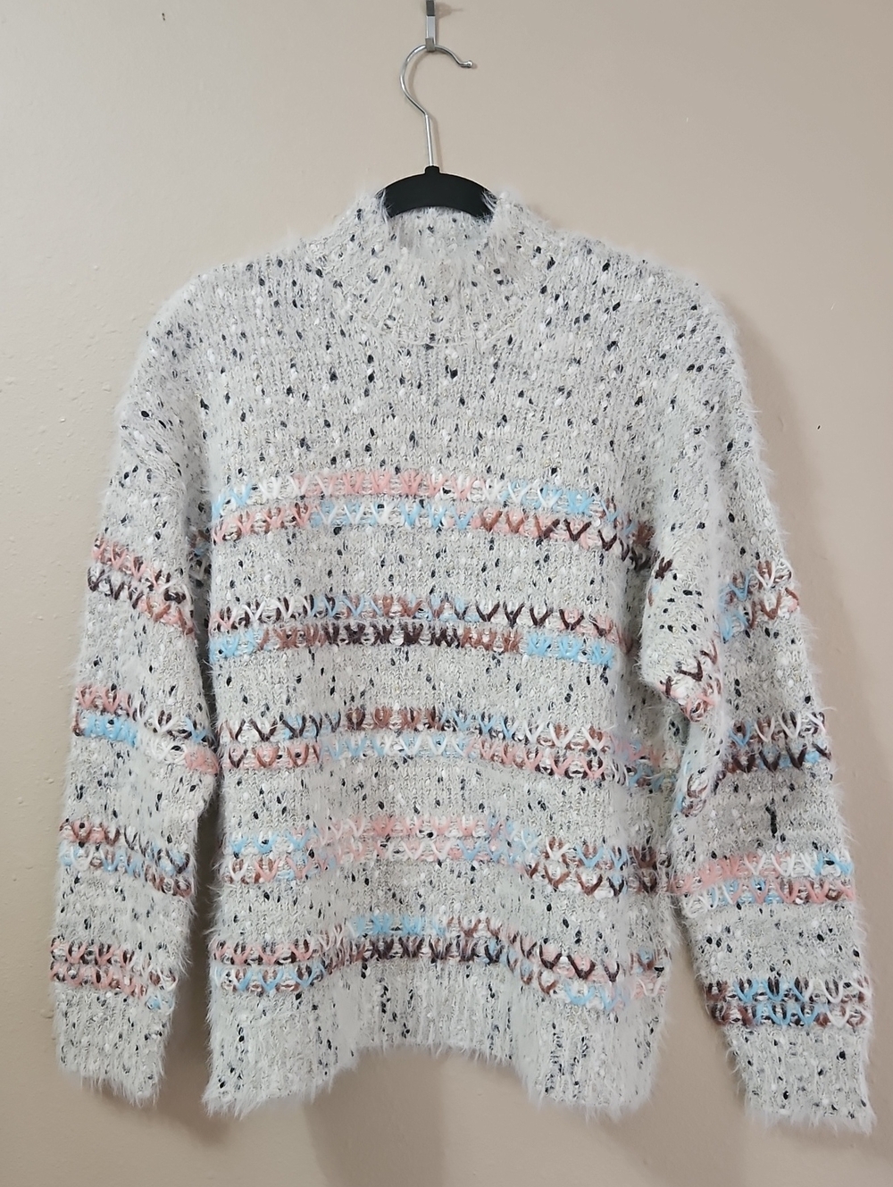 Maurices Speckled Cream Turtleneck Sweater with Pastel Stripes